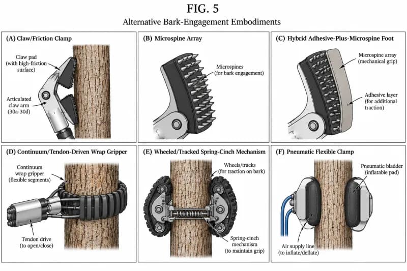 Six alternative bark-engagement designs: claw friction clamp, microspine array, hybrid adhesive and microspine foot, tendon-driven wrap gripper, wheeled spring-cinch mechanism and pneumatic flexible clamp.