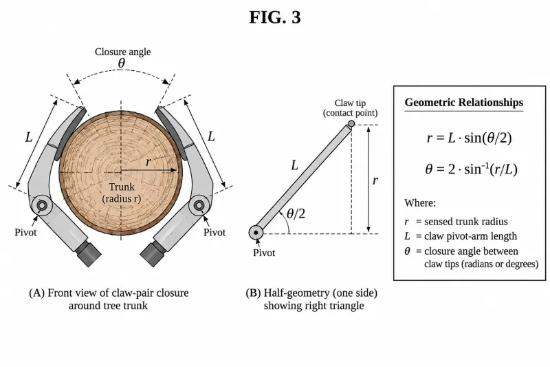 Geometry of a claw pair closing around a tree trunk, showing claw length L, trunk radius r and closure angle theta, with the relationships r = L sin(theta/2) and theta = 2 arcsin(r/L).