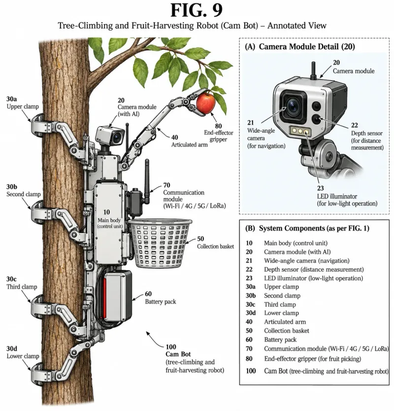 Annotated patent drawing of the Aglier tree-climbing fruit-harvesting robot clamped to a trunk with four clamps, showing the AI camera module, articulated arm, gripper, collection basket, battery pack and communication module.