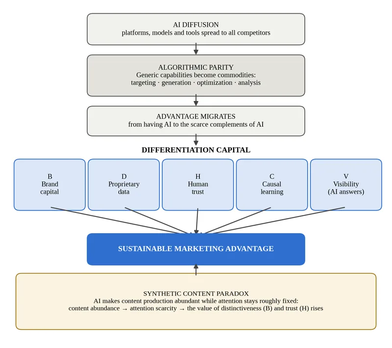 Framework diagram: AI diffusion leads to algorithmic parity, which moves advantage to five Differentiation Capital components (brand, proprietary data, human trust, causal learning, visibility), producing sustainable marketing advantage, reinforced by the Synthetic Content Paradox.